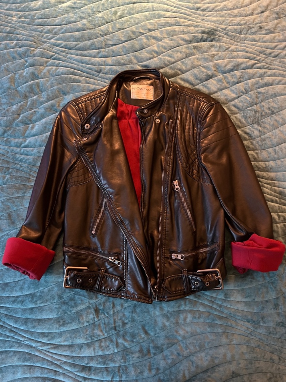 We The Free Black Leather Moto Jacket with Red Lining Multi-Pocket Adjustable